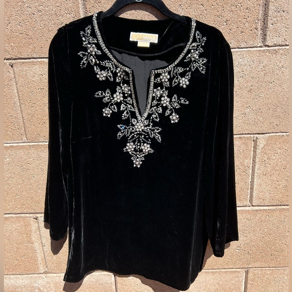 Michael by Michael Kors - Jeweled and Beaded Black Velvet Tunic